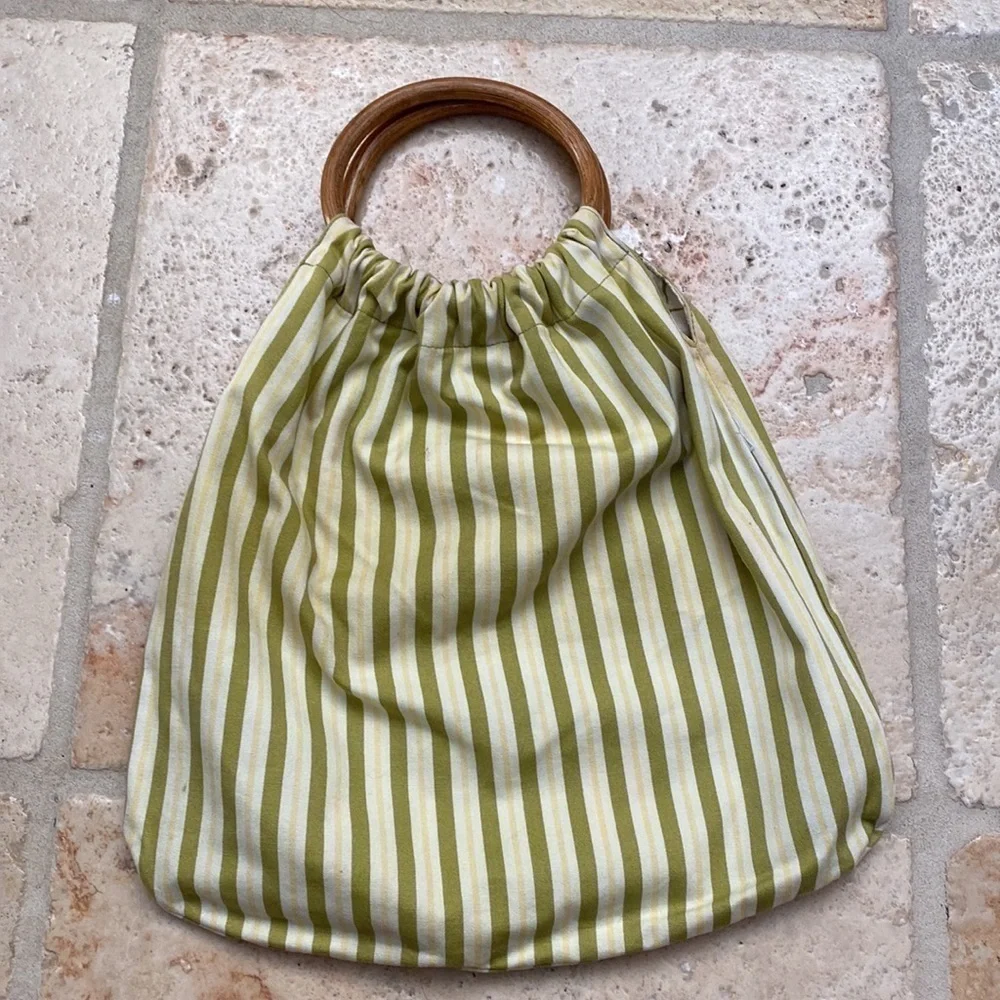 Linen Wood Handle Handbag Purse Womens tote stripes floral round handle knitting